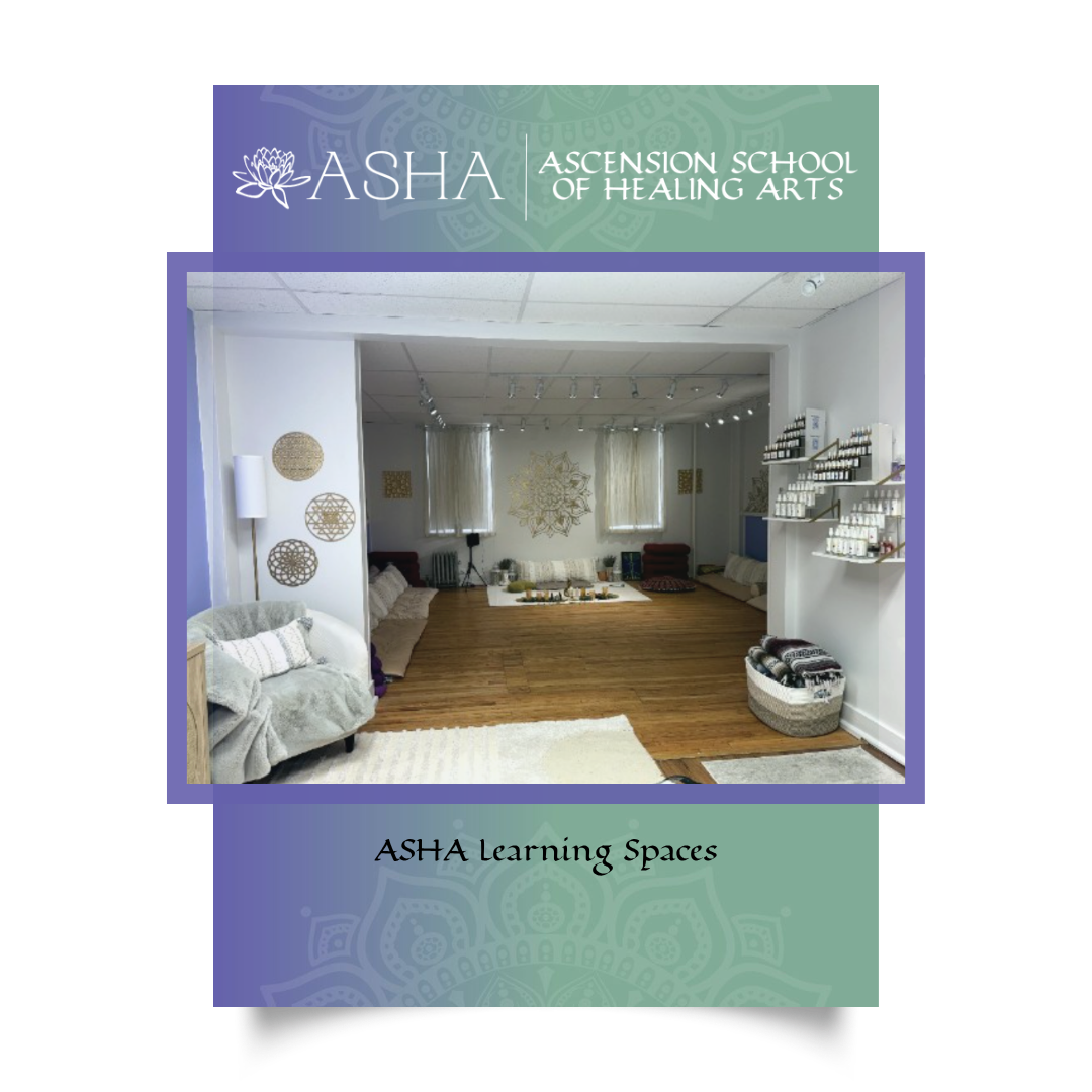 A bright ASHA treatment room with a massage table, shelving and wall art